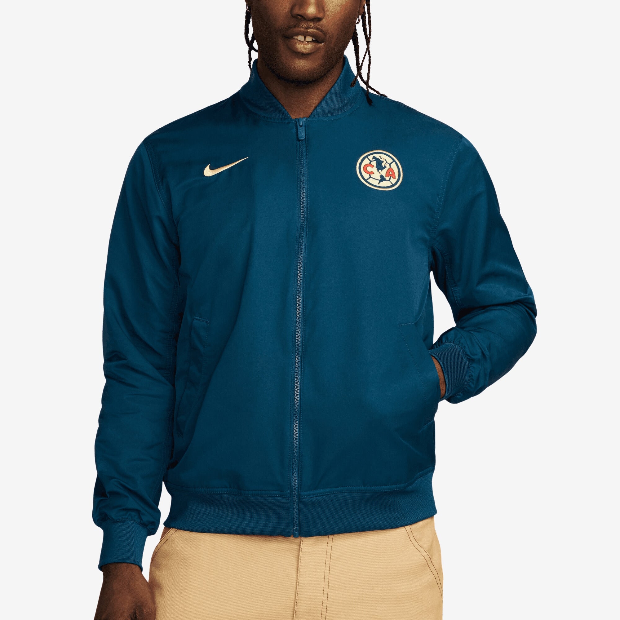 Nike Club América Sport Essentials Men's Soccer Woven Unlined Bomber Jacket - Valerian Blue/Lemon Chiffon