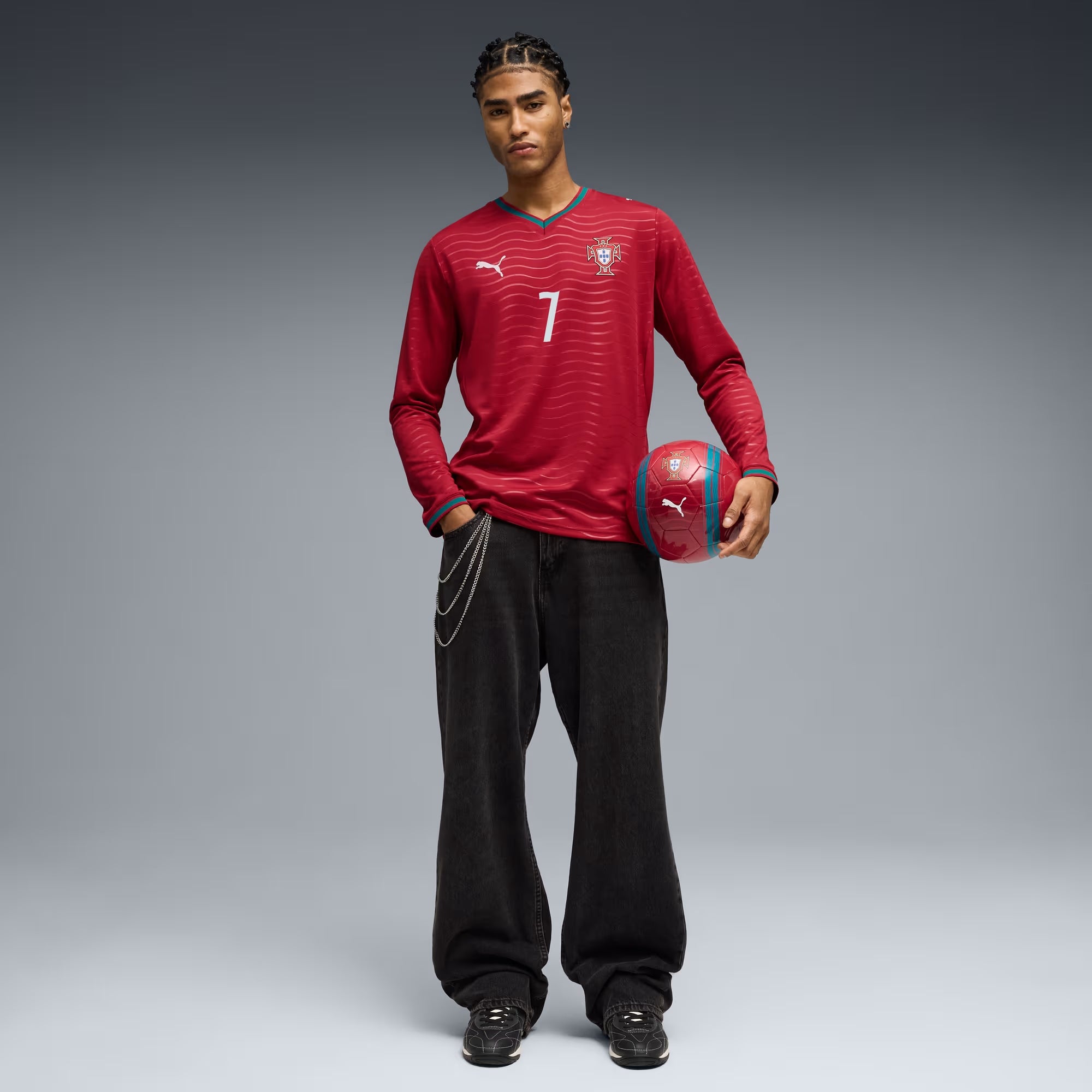 PUMA Portugal 2026 Stadium Home Ronaldo Men's Long-Sleeve Soccer Jersey - Club Red-Green Lagoon