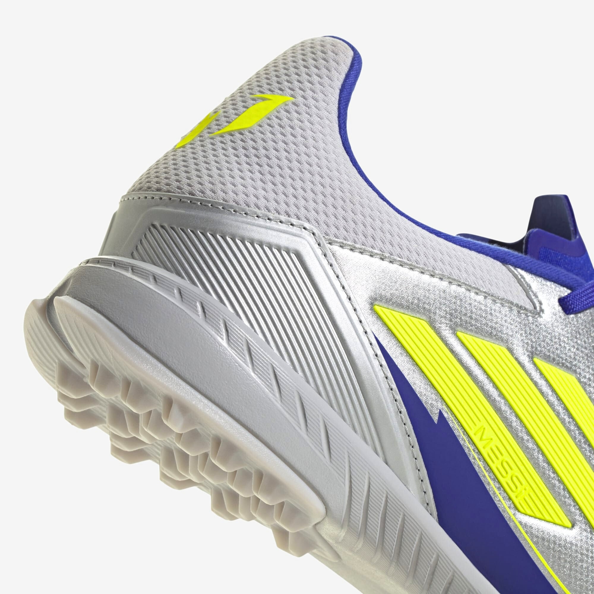 adidas F50 League Messi TF Low-Top Soccer Shoes - Silver Metallic / Solar Yellow / Lucid Blue