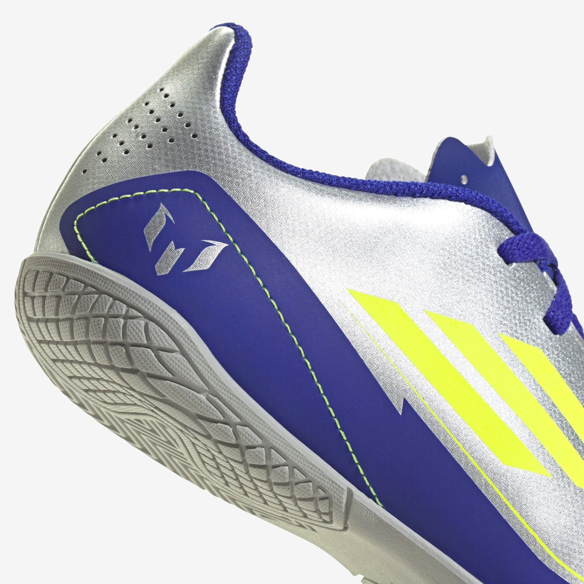 adidas Jr. F50 Club Messi Little/Big Kids' IC Low-Top Soccer Shoes - Silver Metallic / Solar Yellow / Lucid Blue