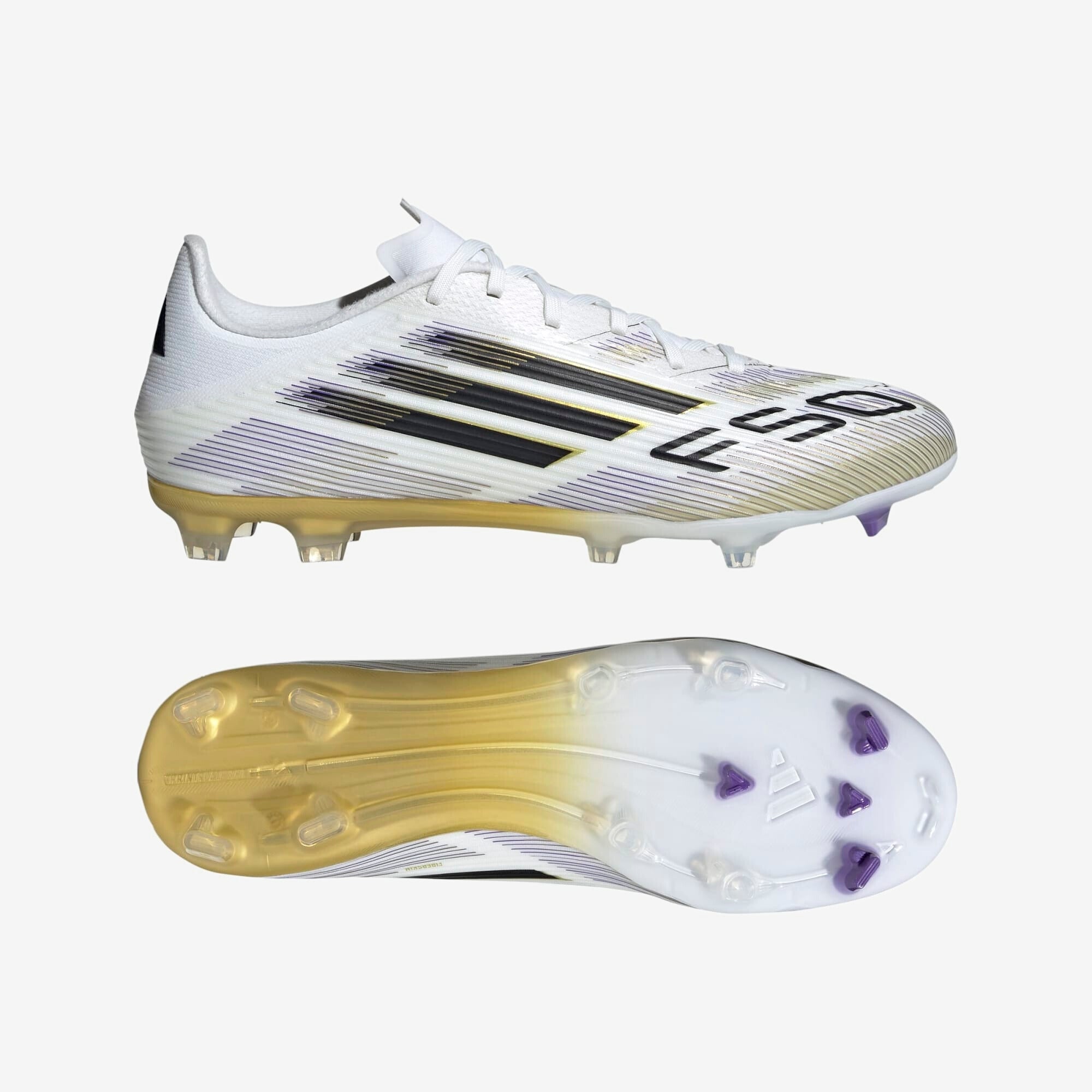 adidas F50 League Firm/Multi-Ground Low-Top Soccer Cleats - Cloud White / Core Black / Gold Metallic