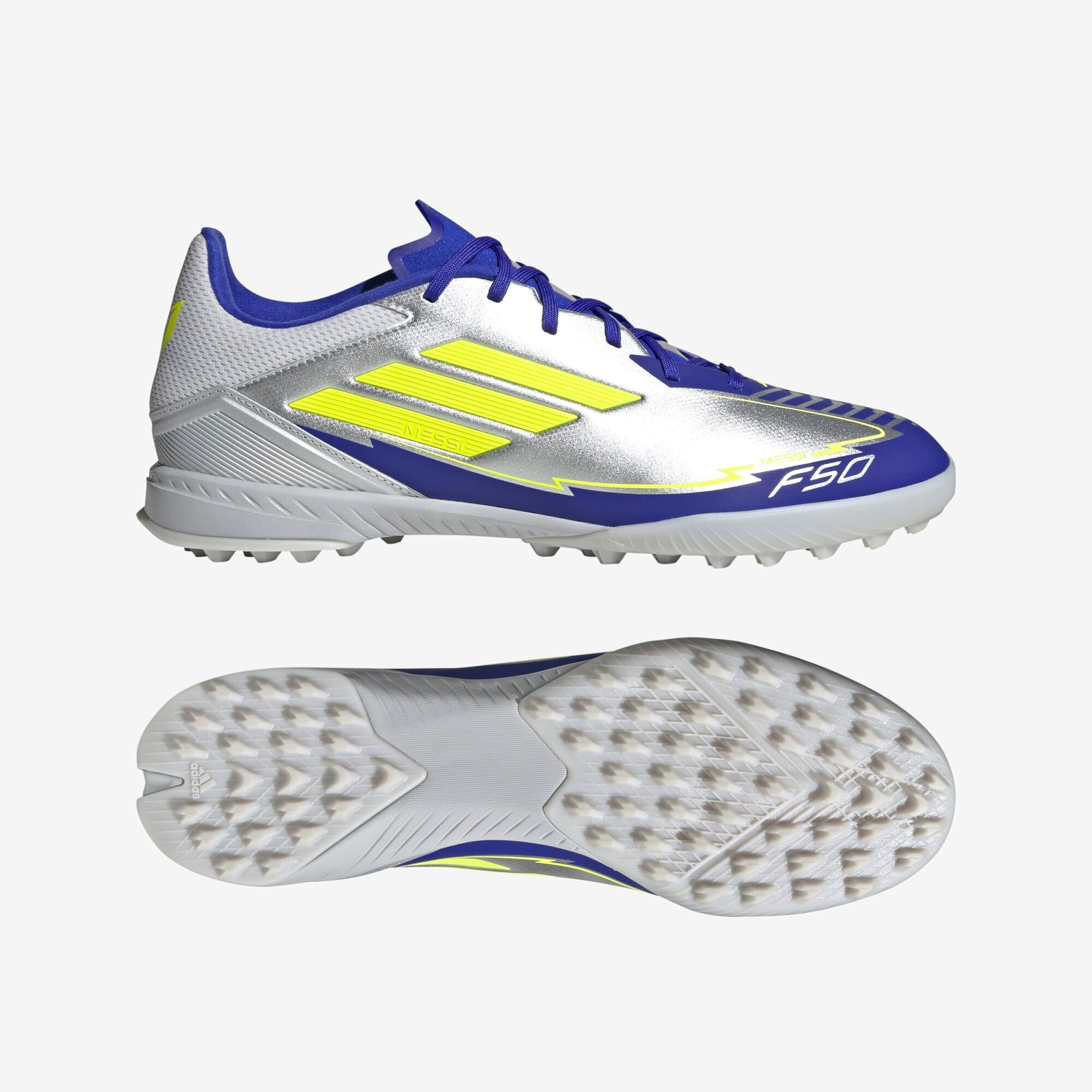 adidas F50 League Messi TF Low-Top Soccer Shoes - Silver Metallic / Solar Yellow / Lucid Blue