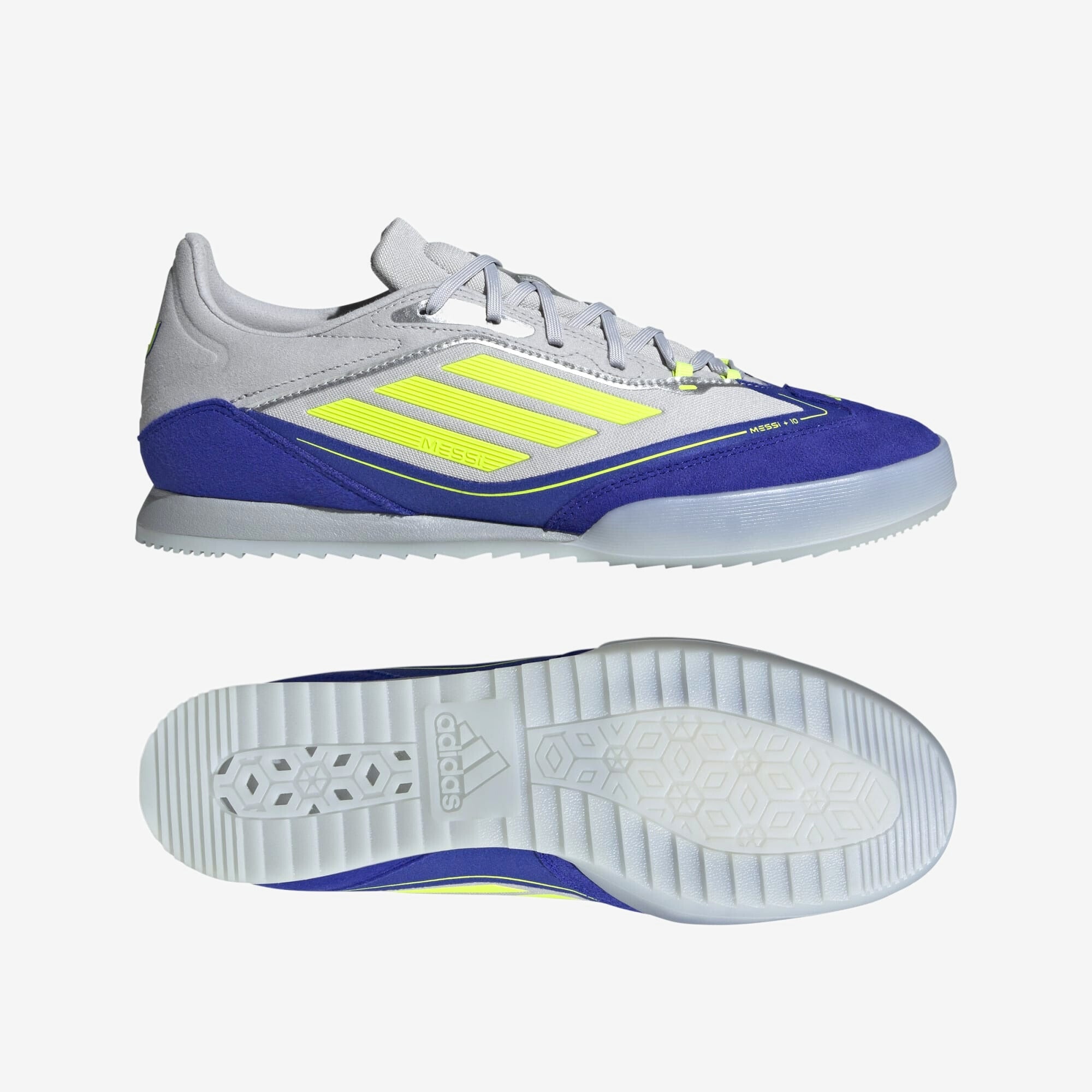 adidas F50 Messi Freestyle IC Low-Top Soccer Shoes - Silver Metallic / Solar Yellow / Lucid Blue