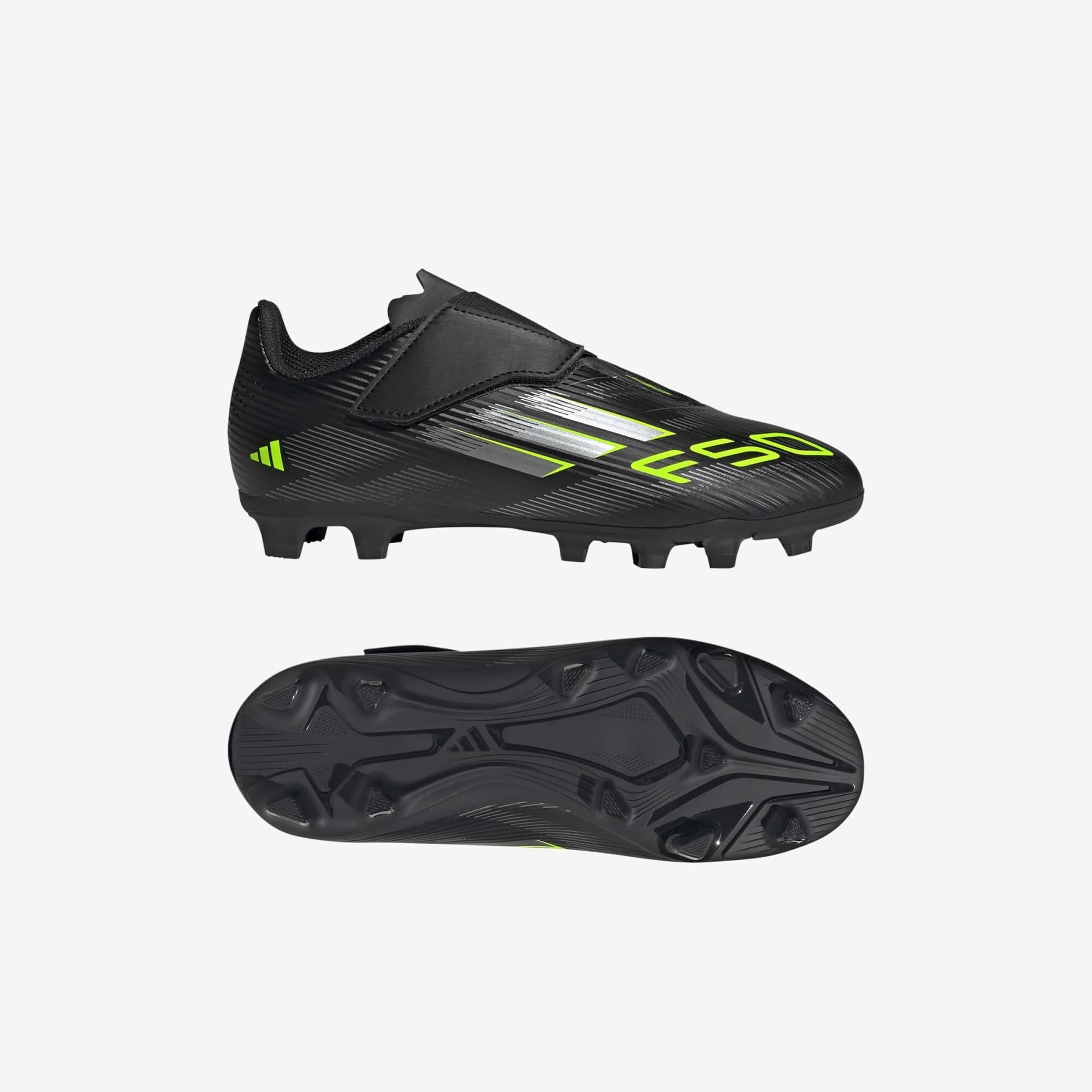 adidas Jr. F50 Club Hook-and-Loop Little Kids' Firm/Multi-Ground Soccer Cleats - Core Black / Iron Metallic / Lucid Lemon