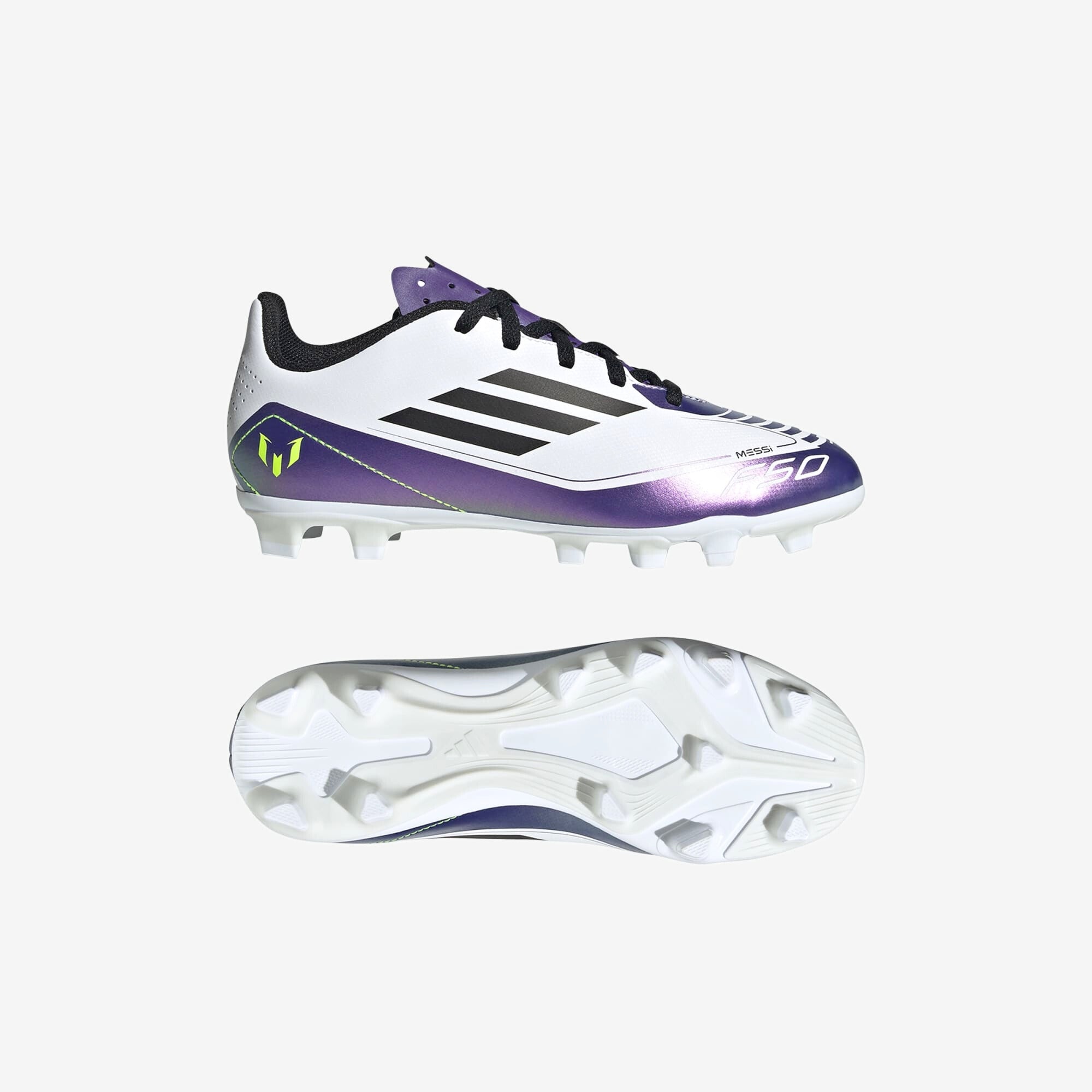 adidas Jr. Messi F50 Club Little/Big Kids' MG Low-Top Soccer Cleats - White / Core Black / Unity Purple