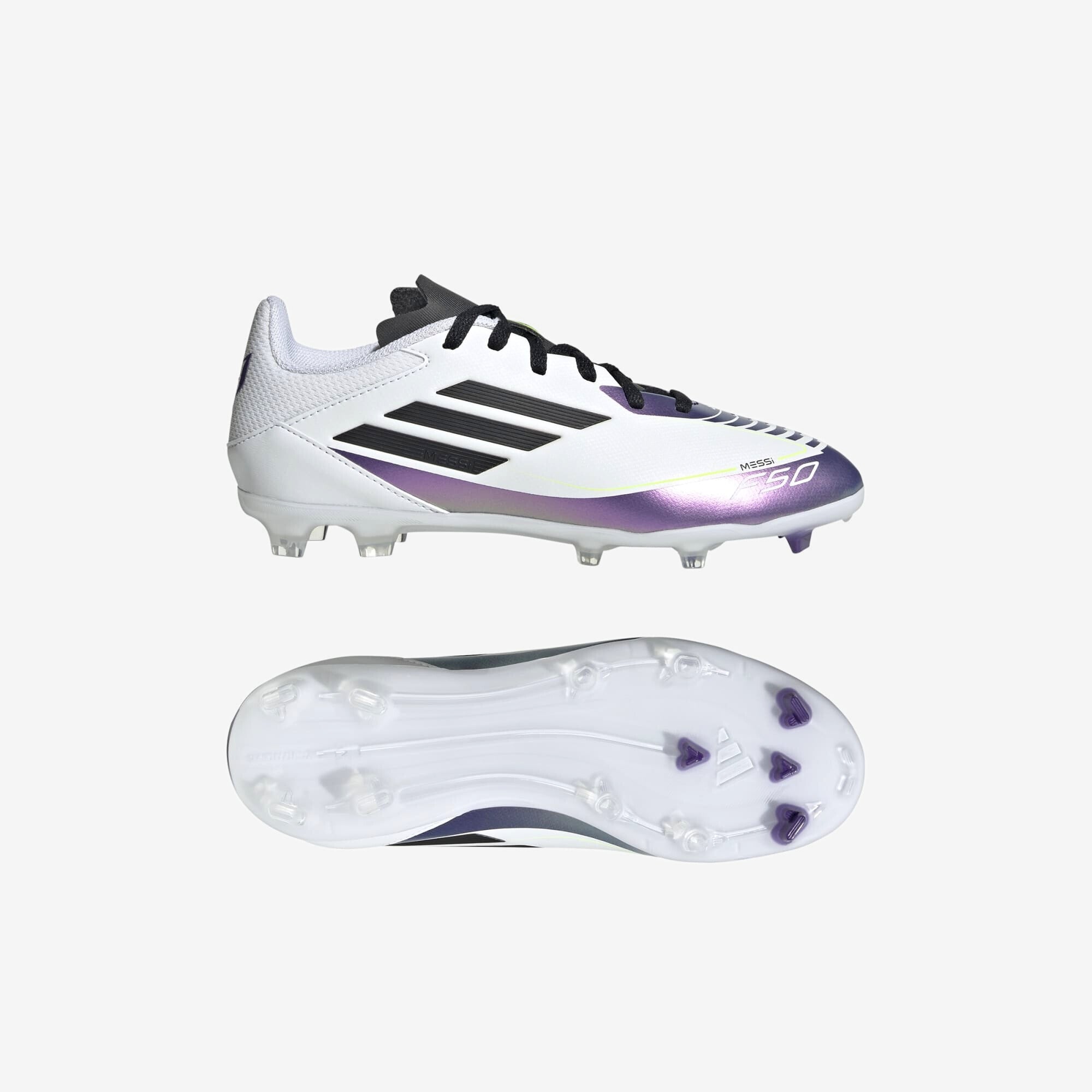 adidas Jr. Messi F50 League Little/Big Kids' FG/MG Low-Top Soccer Cleats - Cloud White / Core Black / Purple