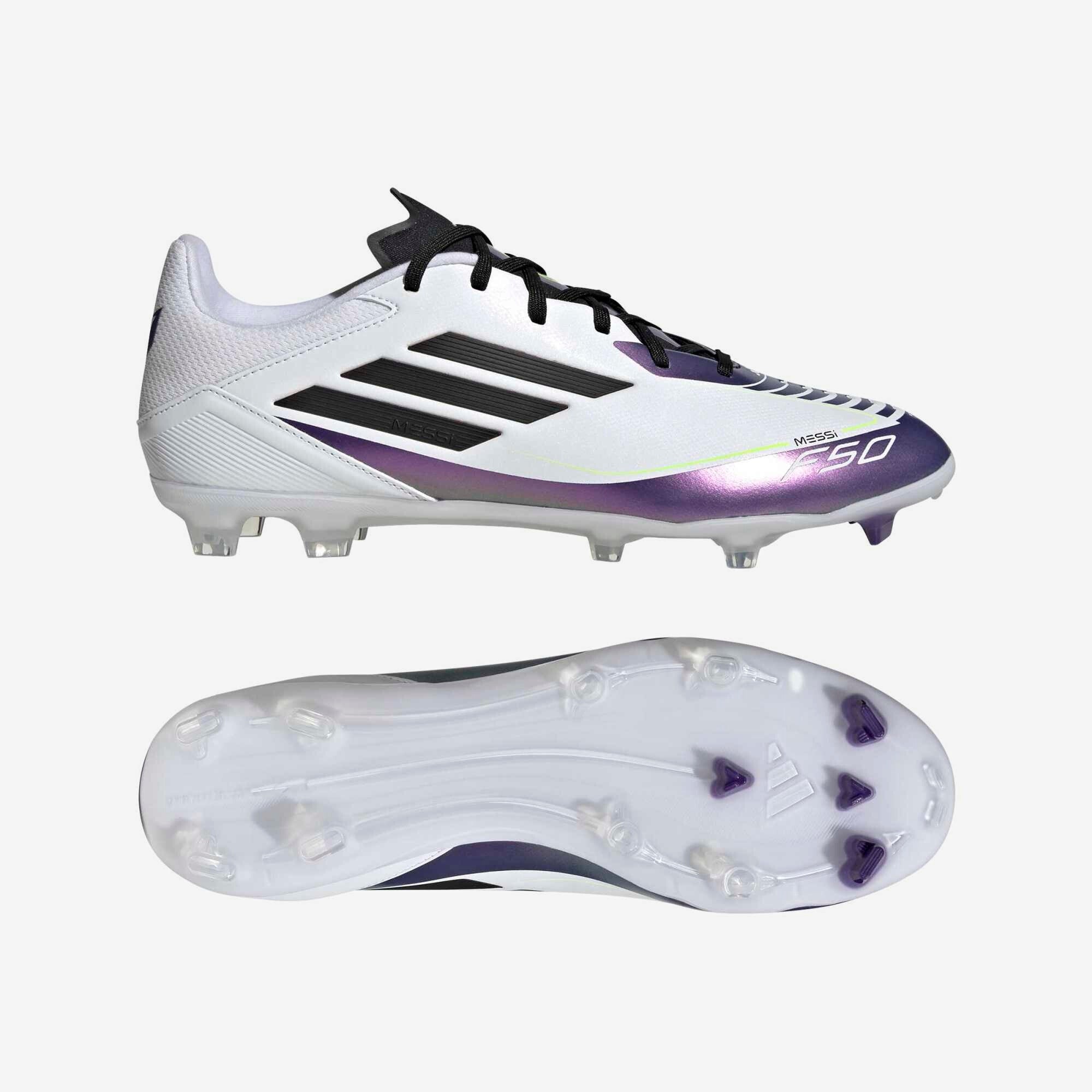 adidas Messi F50 League Firm/Multi-Ground Low-Top Soccer Cleats - Cloud White / Core Black / Purple