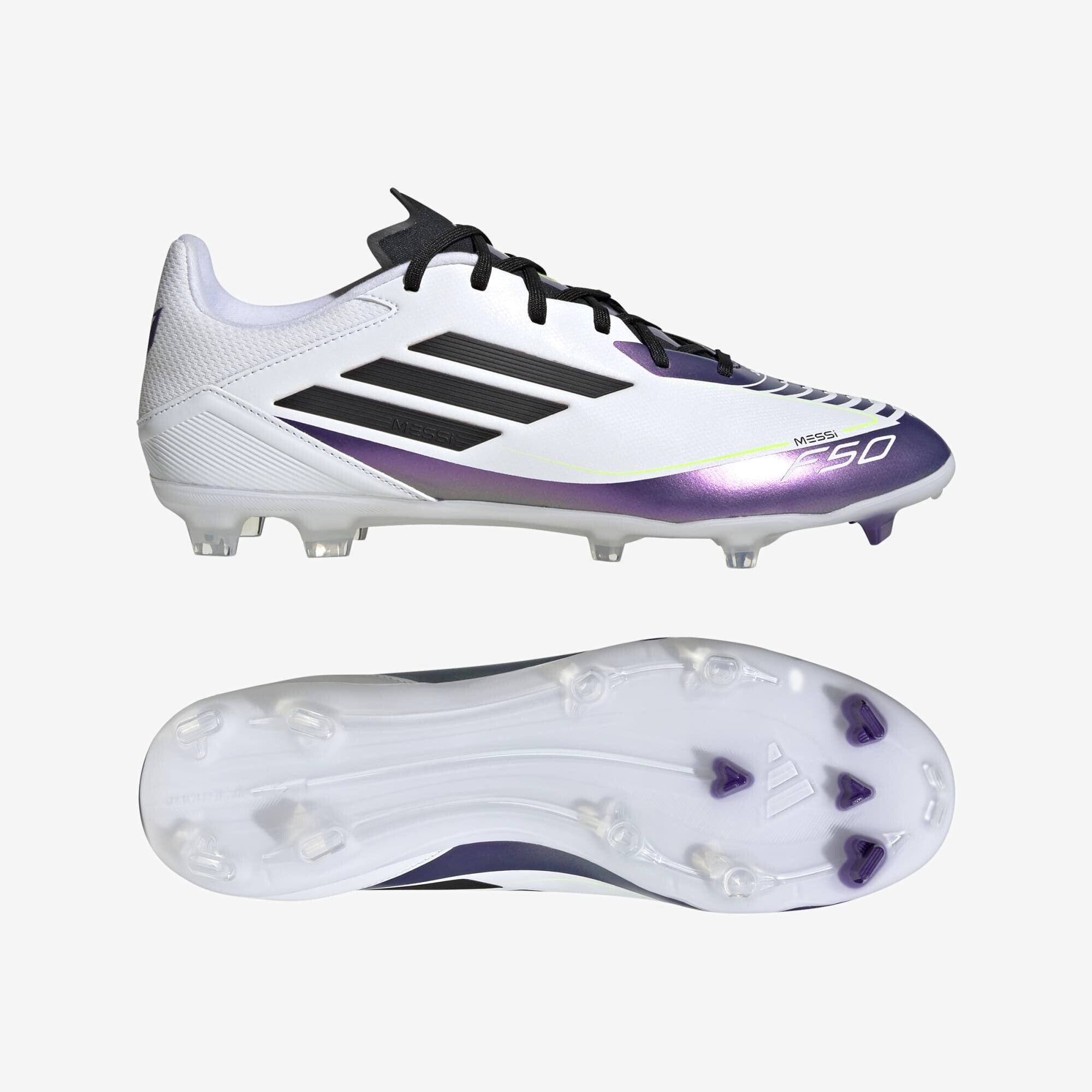 adidas Messi F50 League FG/MG Low-Top Soccer Cleats - Cloud White / Core Black / Purple