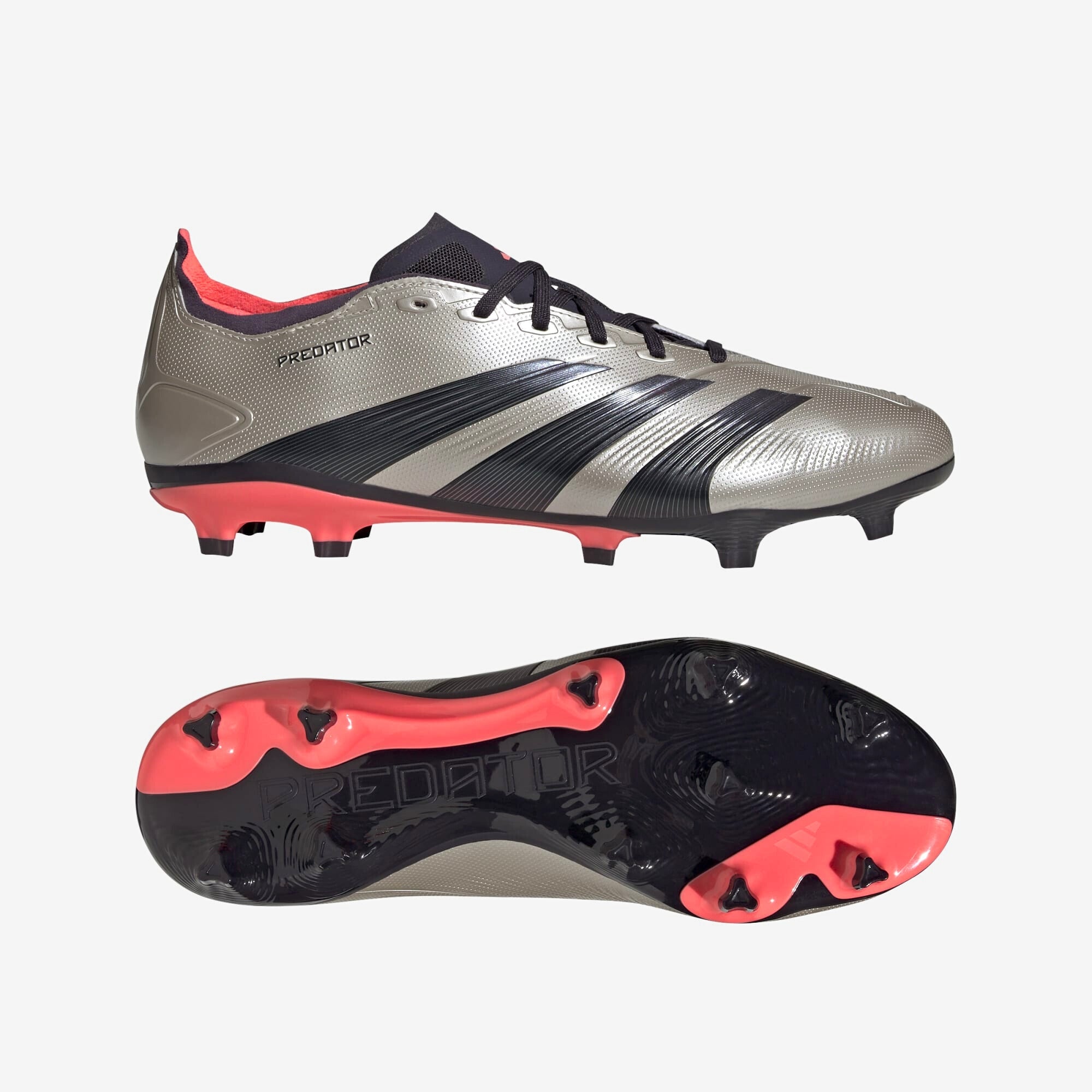 adidas Predator League FG Low-Top Soccer Cleats - Platinum Metallic / Aurora Black / Turbo