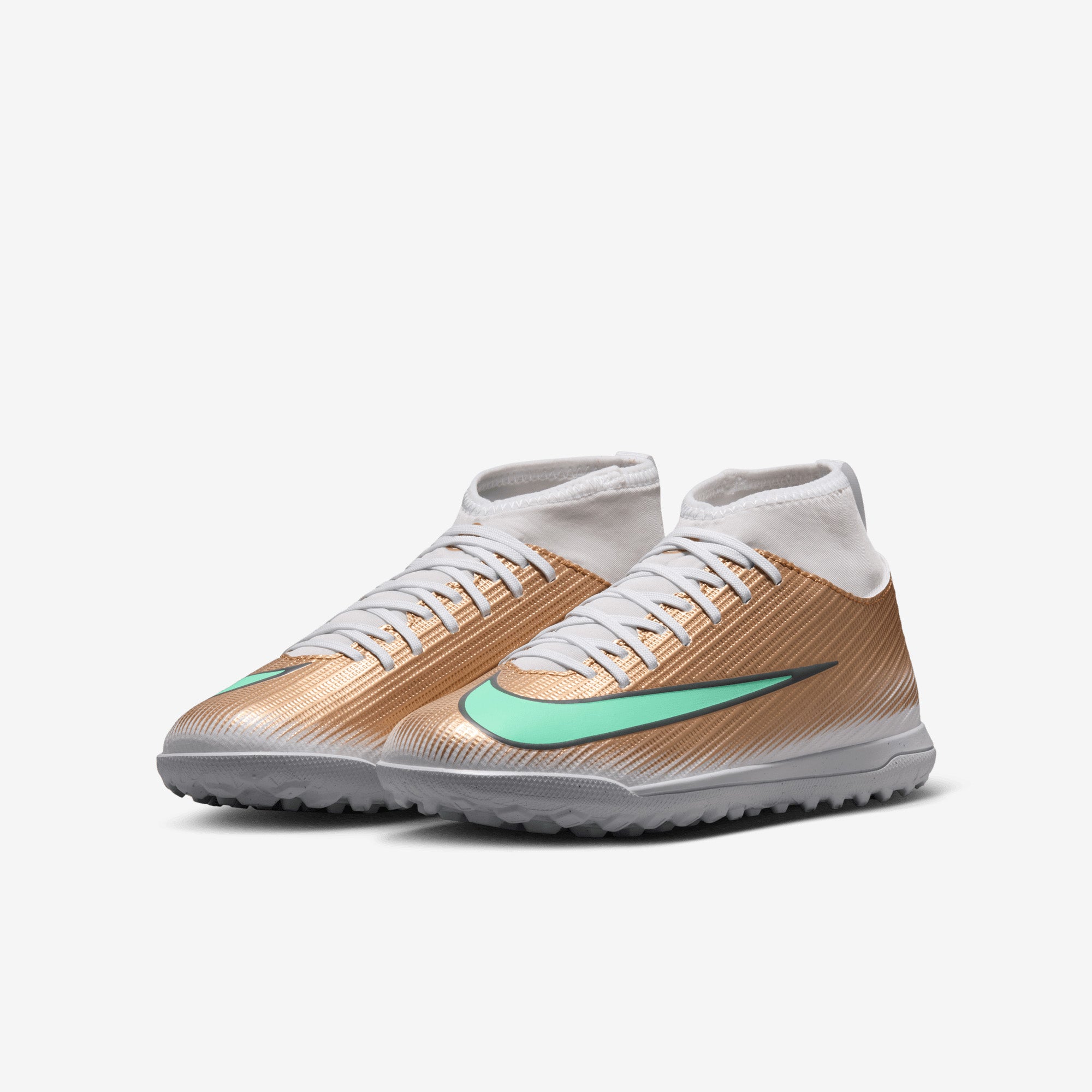 Nike Jr. Mercurial Superfly 11 Club Kylian Mbappé Big Kids' Turf High-Top Soccer Shoes - Metallic Gold/Green Glow