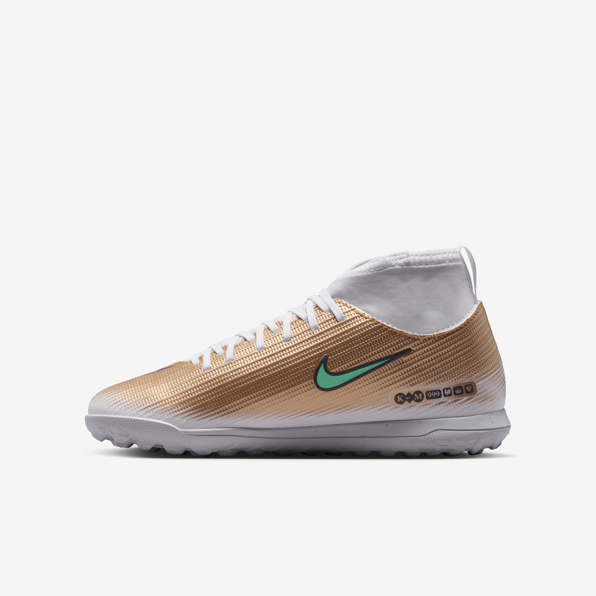 Nike Jr. Mercurial Superfly 11 Club Kylian Mbappé Big Kids' Turf High-Top Soccer Shoes - Metallic Gold/Green Glow