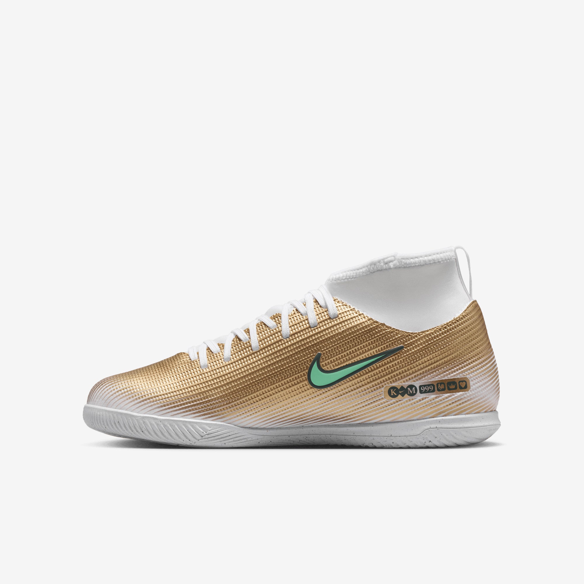 Nike Jr. Mercurial Superfly 11 Club Kylian Mbappé Big Kids' Indoor/Court High-Top Soccer Shoes - Metallic Gold/Green Glow