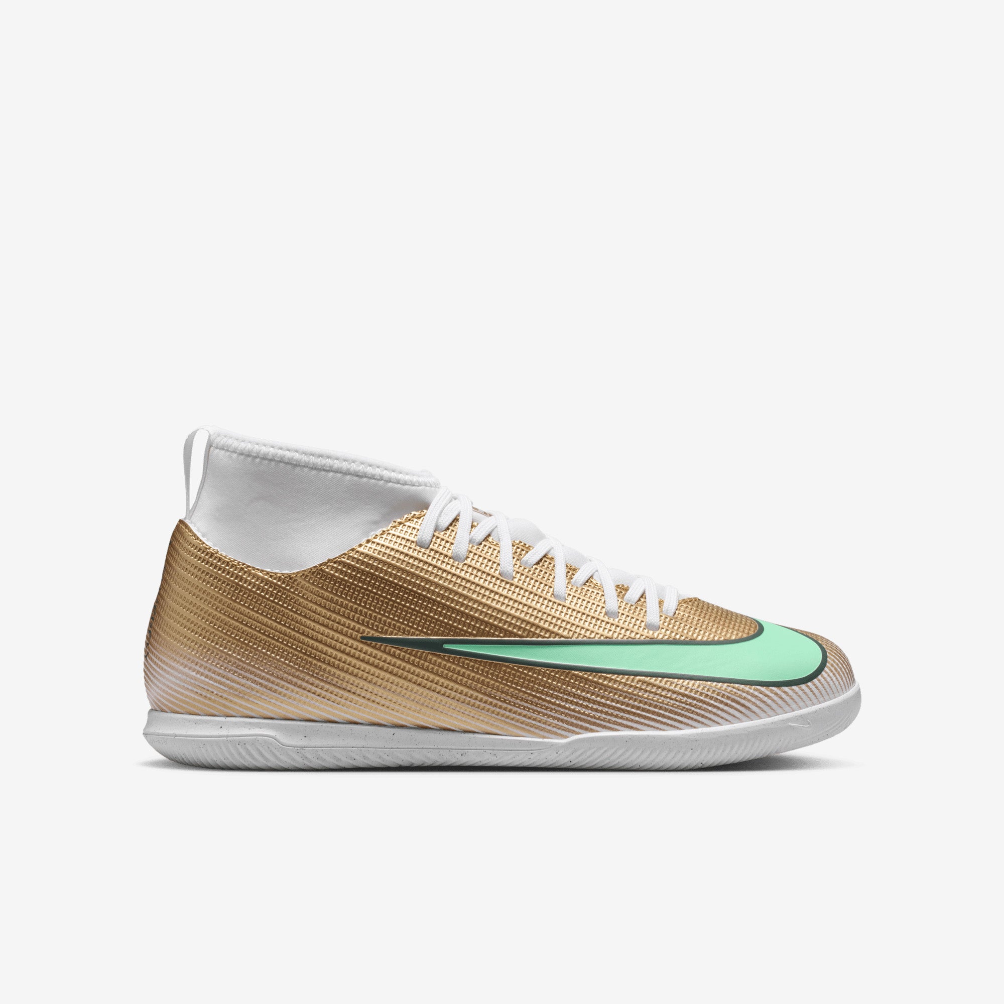 Nike Jr. Mercurial Superfly 11 Club Kylian Mbappé Big Kids' Indoor/Court High-Top Soccer Shoes - Metallic Gold/Green Glow