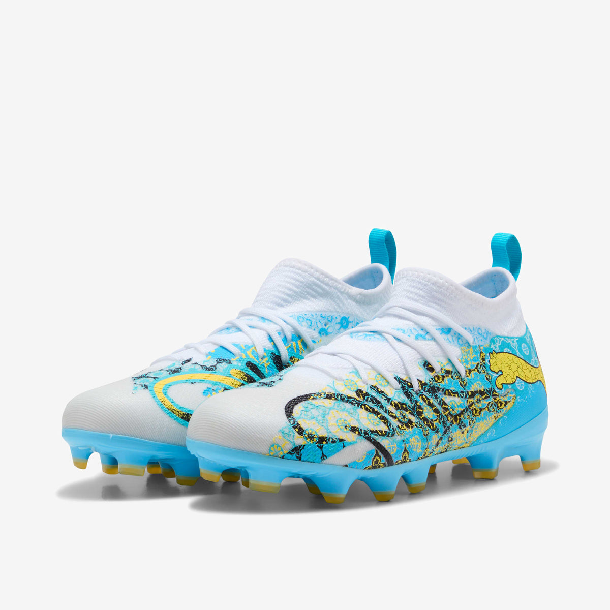 PUMA FUTURE 9 MATCH PLAYMAKER Big Kids' Firm/Artificial-Ground Low-Top Soccer Cleats - PUMA White-Vibrant Blue-Sun Stream-Light Aqua