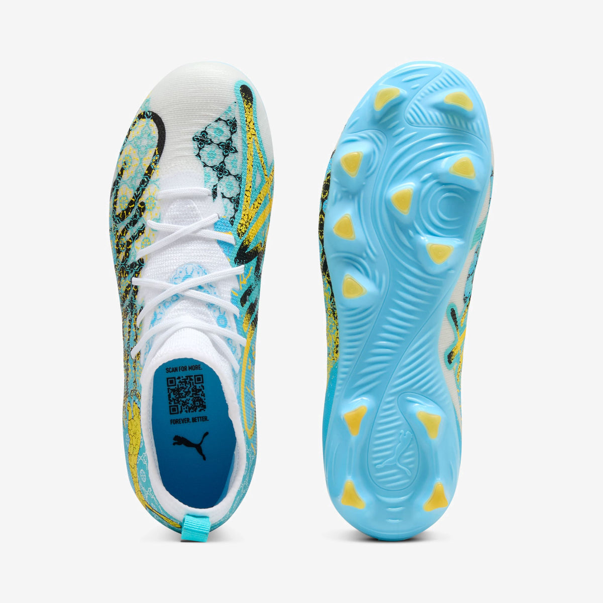 PUMA FUTURE 9 MATCH PLAYMAKER Big Kids' Firm/Artificial-Ground Low-Top Soccer Cleats - PUMA White-Vibrant Blue-Sun Stream-Light Aqua