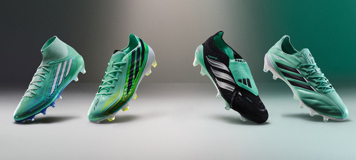 Three adidas Final Rush Pack soccer cleats in mint green, turquoise, and black colorways, displayed against a dark studio background.