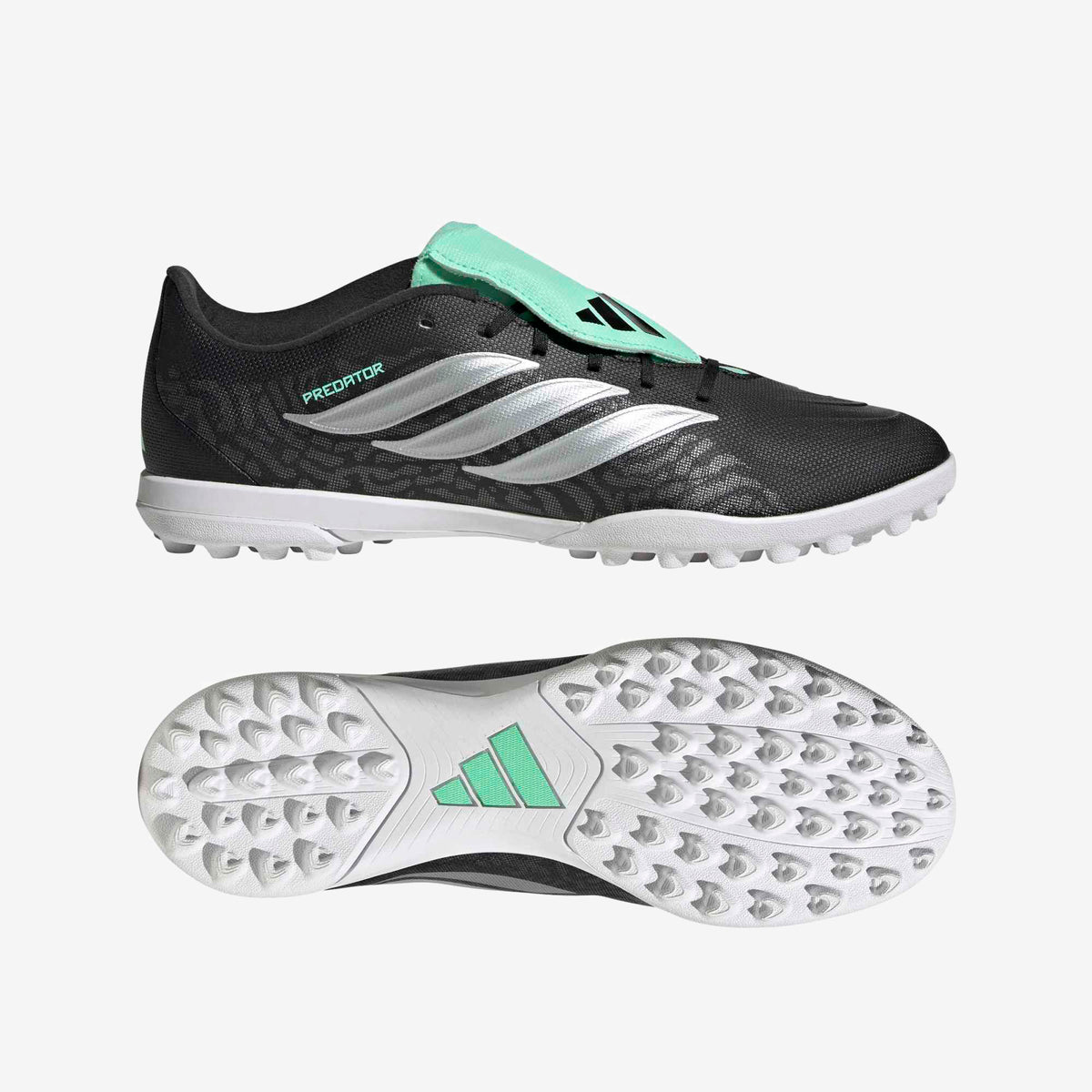 adidas Predator Club Fold-Over Tongue Firm-Ground Low-Top Soccer Cleats - Core Black / Silver Met. / Pulse Mint