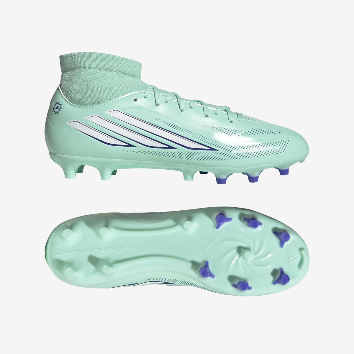 adidas F50 Sparkfusion Club Firm Ground/Artificial Grass High-Top Soccer Cleats - Clear Mint / Ftwr White / Solar Purple