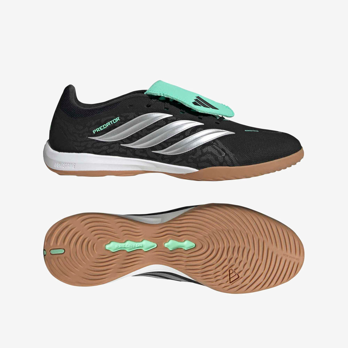 adidas Predator League Fold-Over Tongue Indoor/Court Low-Top Soccer Shoes - Core Black / Silver Met. / Pulse Mint