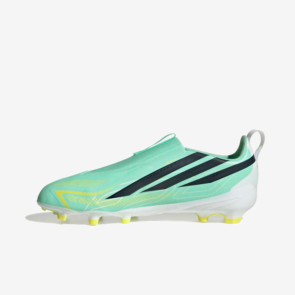 adidas Jr. F50 Hyperfast League Laceless Big Kids' Firm-Ground Low-Top Soccer Cleats - Pulse Mint / Night Navy / Solar Lemon