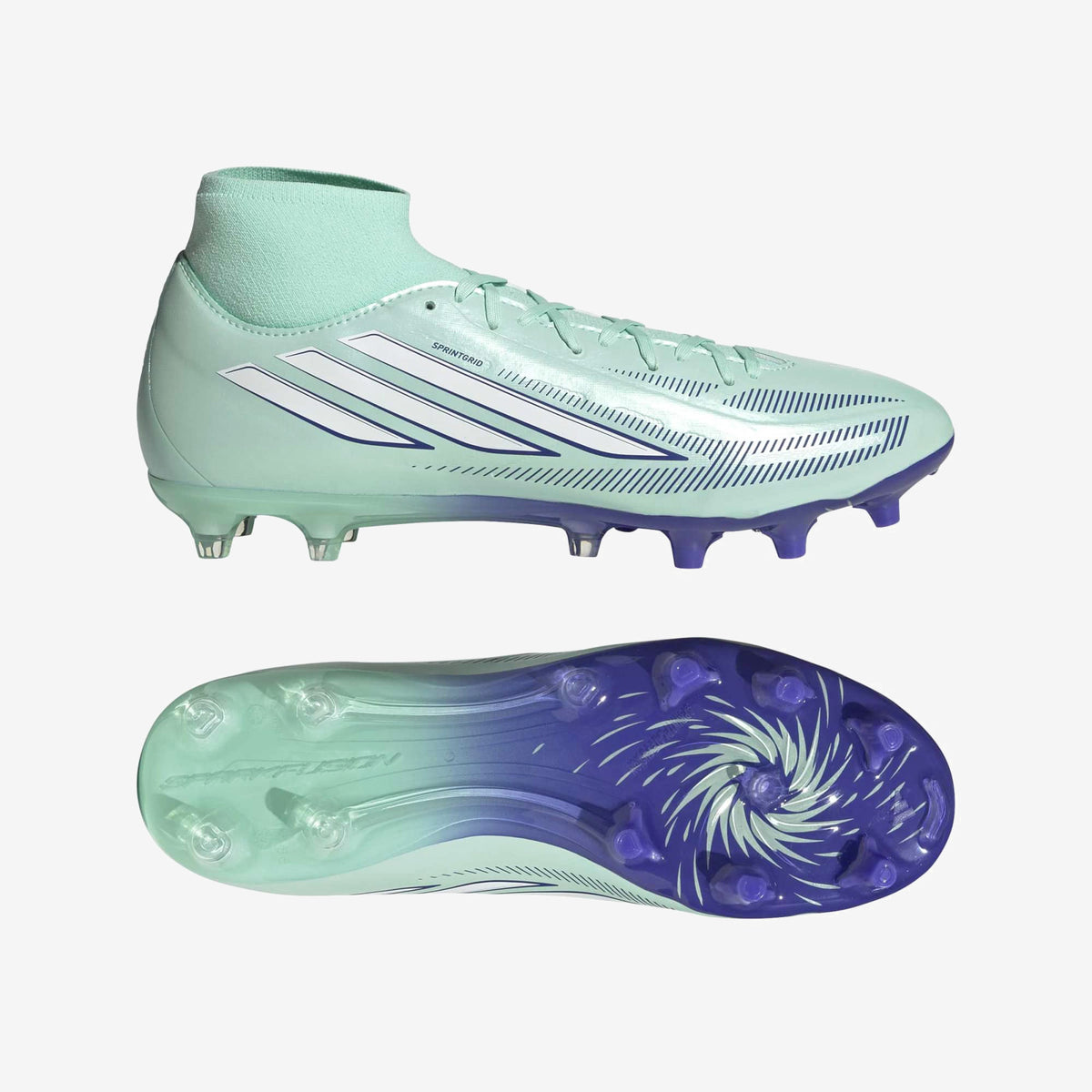 adidas F50 Sparkfusion League Mid Cut Firm Ground/Artificial Grass High-Top Soccer Cleats - Clear Mint / Ftwr White / Solar Purple
