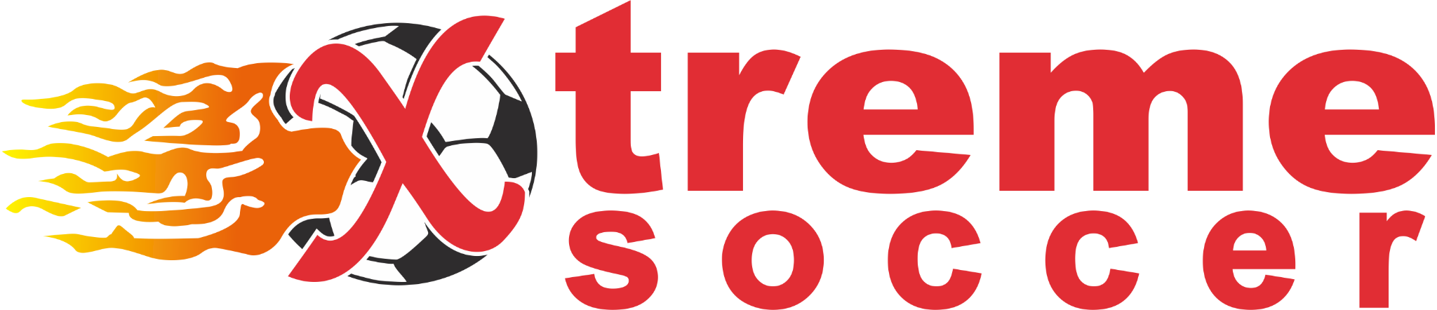 Logo for Xtreme Soccer with flames and a soccer ball design.